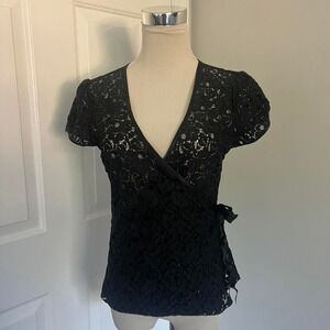 Y2K BLACK OLD NAVY SHEER LACE WRAP‎ TIE CARDIGAN SHORT SLEEVE TOP